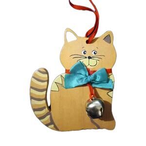 Kurt Adler Cat w/ Bell Wood Hanging Christmas Holiday Ornament Vintage